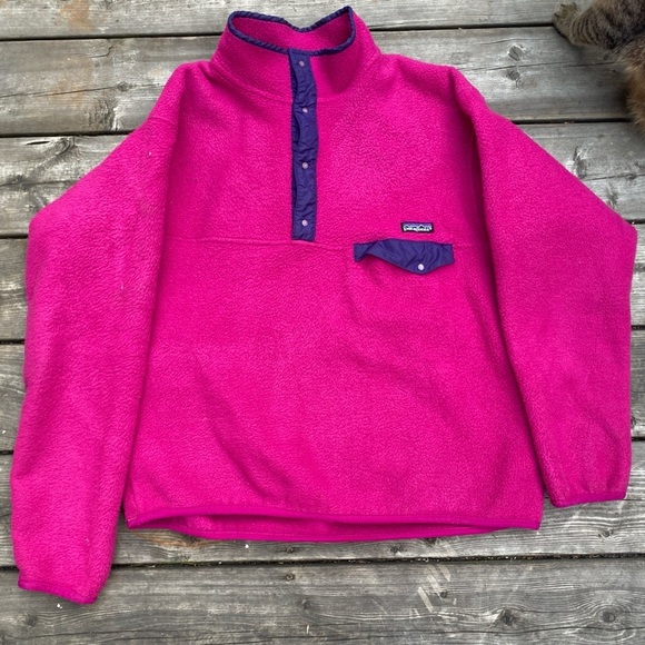 Vintage 90s Patagonia Snap Fleece Sweater Large Pink - Picture 5 of 15